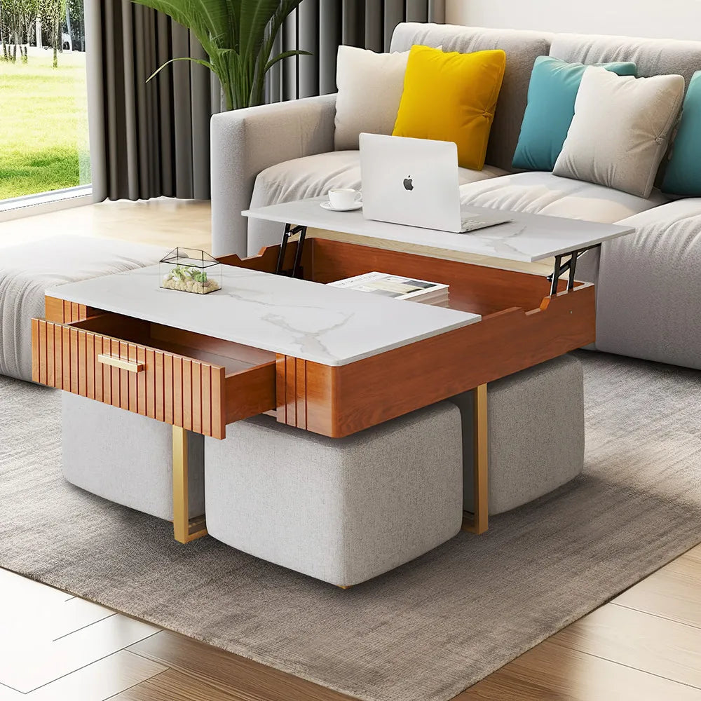 Luxury White Marble Coffee Table Set with Lift Top & 4 Stools Perfect for Modern Living Rooms