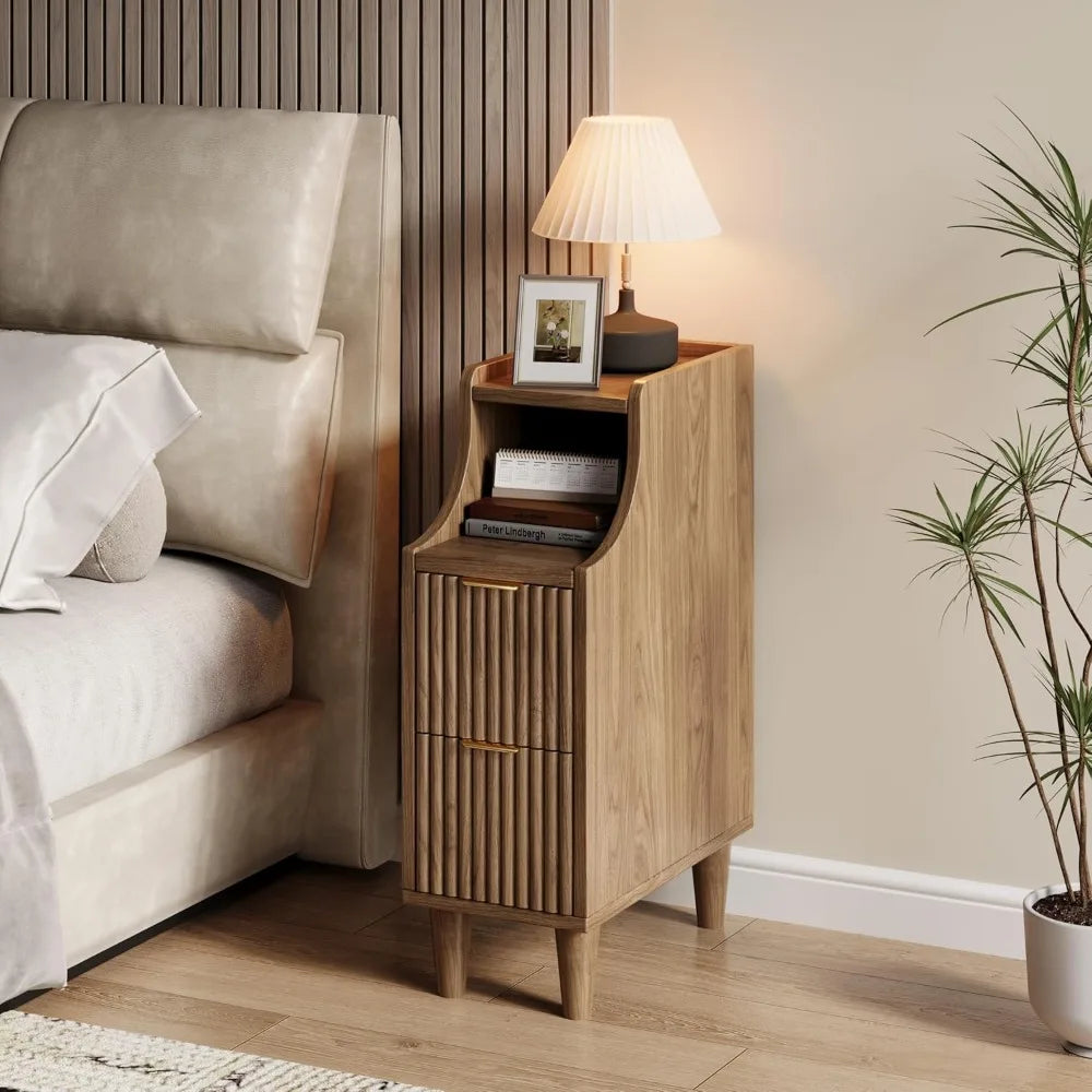 Fluted Nightstands Set of 2 Modern Walnut Bedside Tables with Drawers & Storage for Stylish Bedrooms