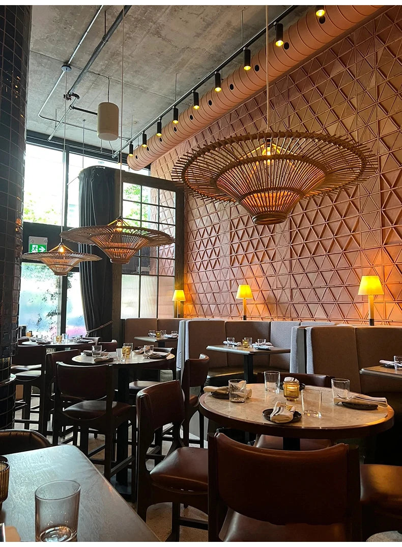 Bohemian Wicker Straw Hat Lamp for Living Room, Restaurant & Shop Decor