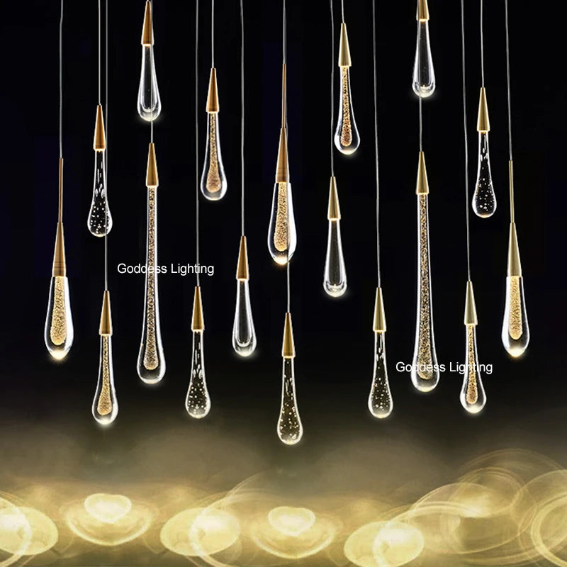 Raindrop Glass Stair Chandelier Perfect for High Ceilings & Luxury Interiors