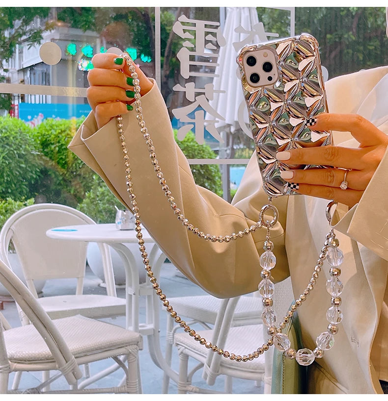 Luxury Crystal Diamond Crossbody Case with Quilted Chain Strap for iPhone 11-17 Pro Max ✨