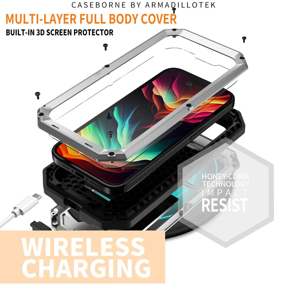 Tempered Glass Armor Metal Case for iPhone 15, 14, 13 Pro Max - Heavy Duty, Shockproof, Camera Lens Guard