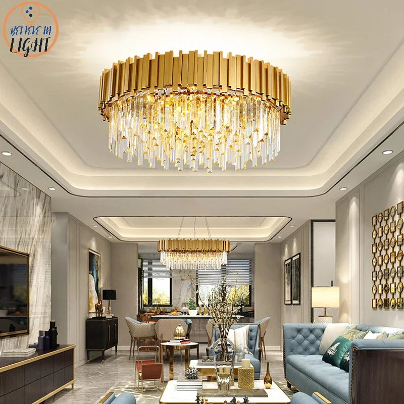 Modern Gold & Black Crystal Chandelier LED Pendant Light for Living Room & Hotel Elegance