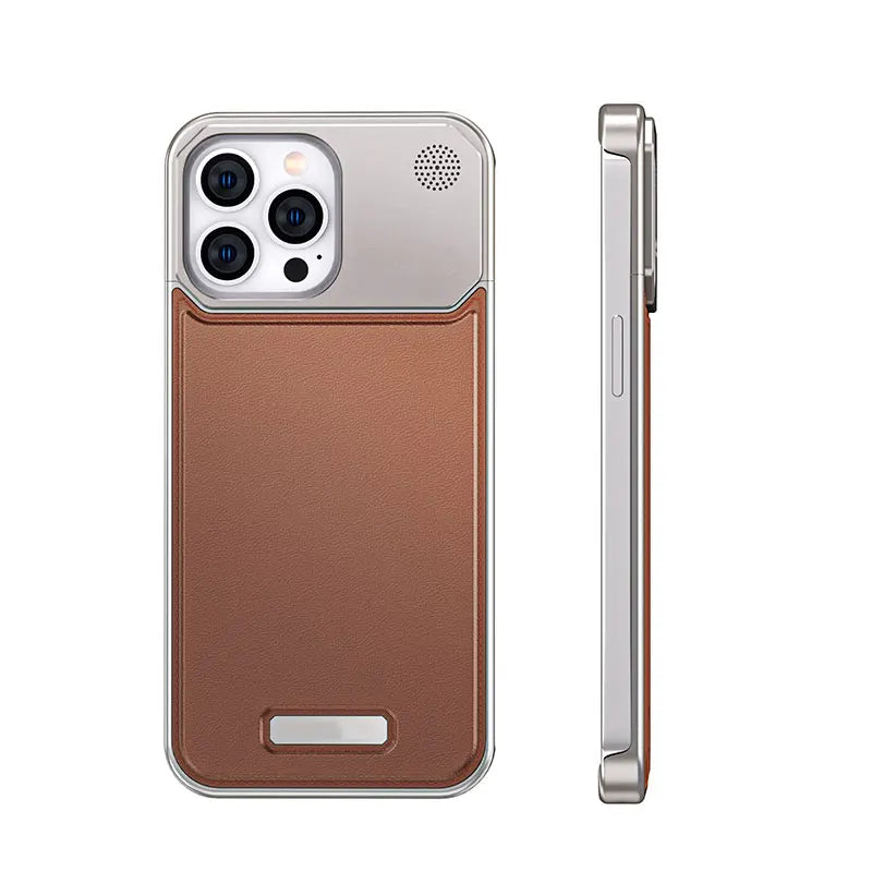 Luxurious Leather & Metal Fusion: Magnetic Aluminum Fragrance Phone Case for iPhone 13, 14, & 15 Pro Max!