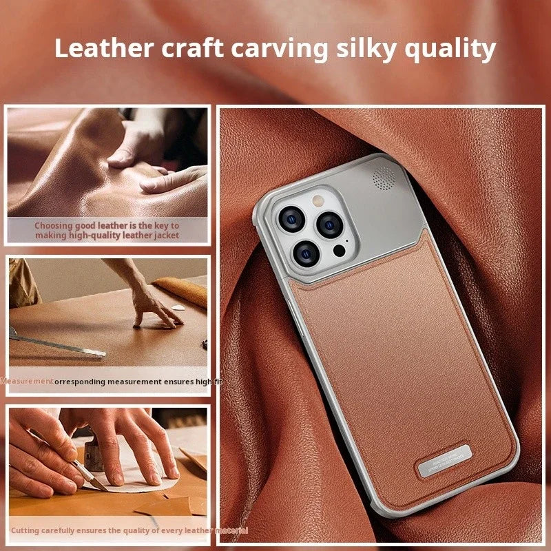 Luxurious Leather & Metal Fusion: Magnetic Aluminum Fragrance Phone Case for iPhone 13, 14, & 15 Pro Max!