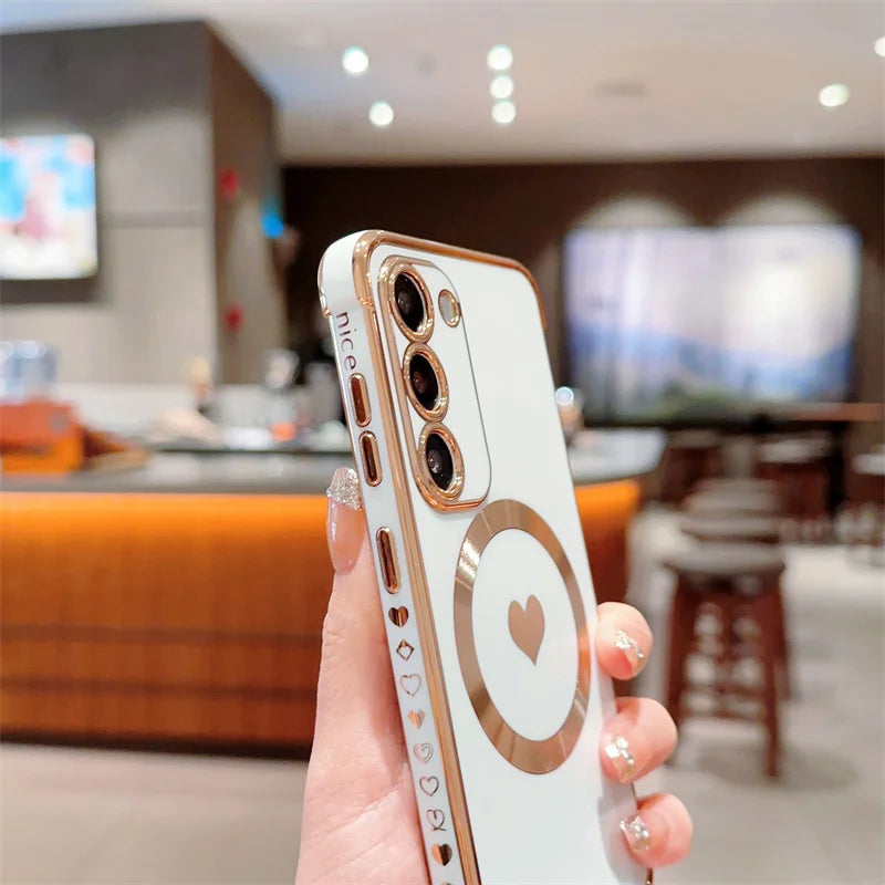 Love Heart Plating Magnetic Phone Case for Samsung Galaxy S24, S23, S22, S21 Ultra & Plus – Shockproof MagSafe Back Cover!