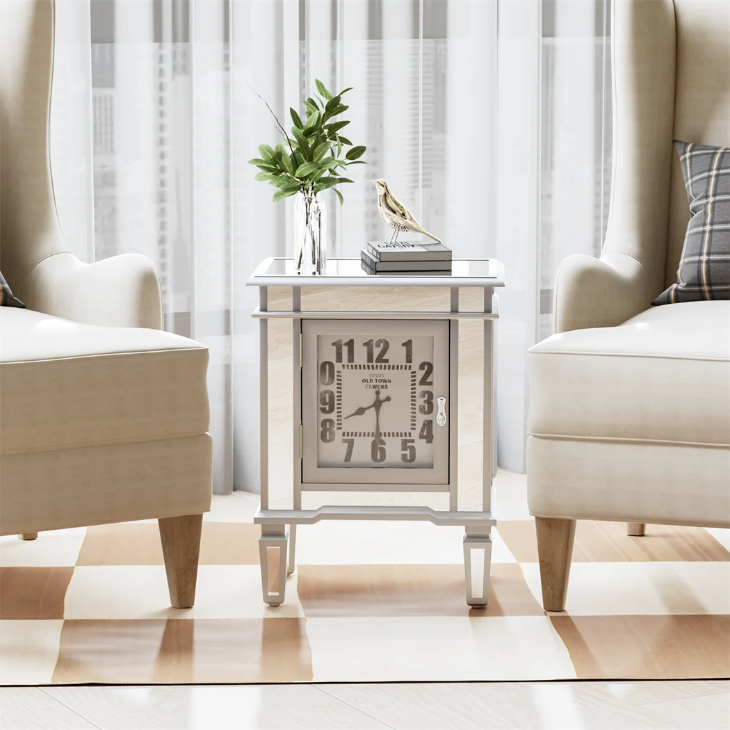 LUVODI  Modern Mirrored End Table Sofa Side Accent Table with Clock Display n 1 Door Cabinet  for Bedroom,Living Room,Study