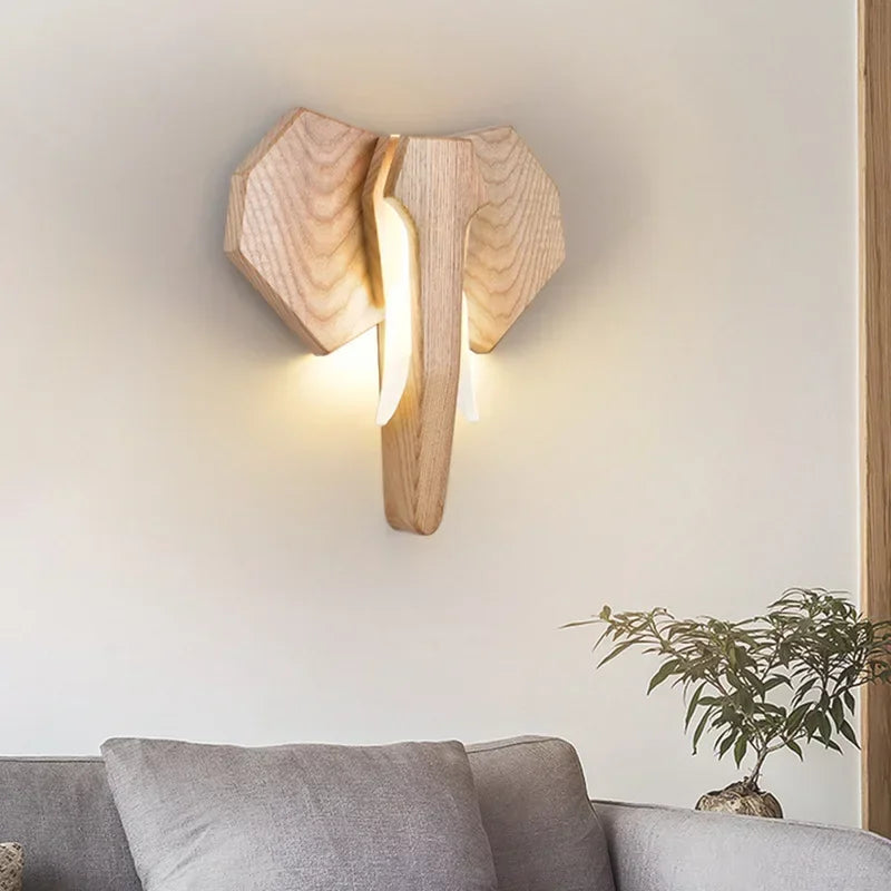 Unique Home Decor Wall Lamp – Nordic Wooden Bull & Elephant Animal Head Light Fixture