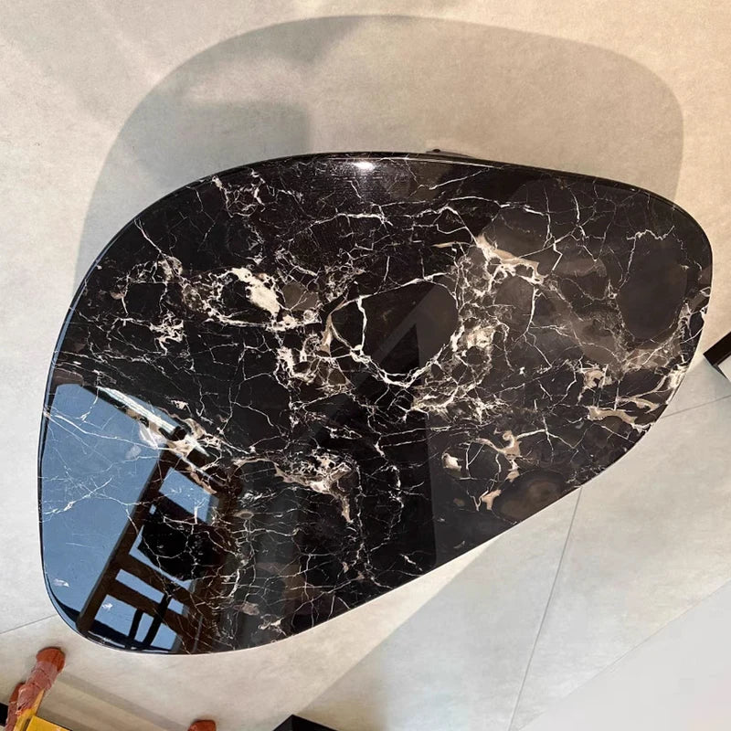 Round Natural Marble Coffee Table With Metal Base & Oval Center for Living Room