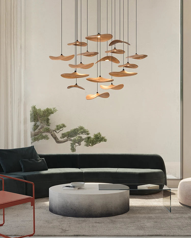 Japanese Lotus Leaf Chandelier Wabi Sabi Wooden Art Light for Zen Villas & Luxury Dining Spaces