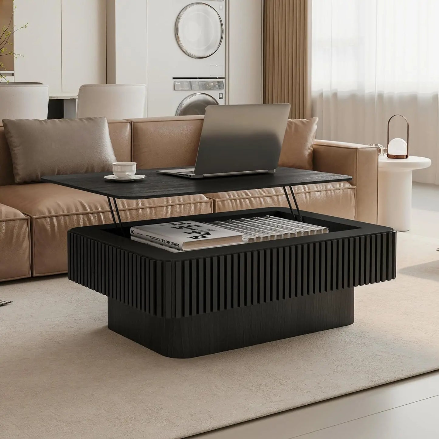 Modern Fluted Square Lift Top Coffee Table with Smart Hidden Storage for Modern Interiors
