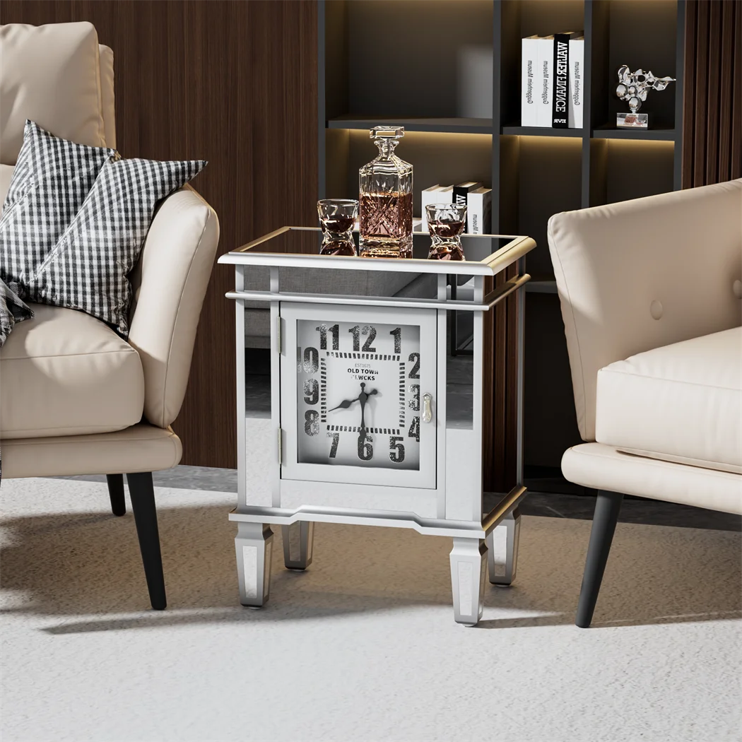 LUVODI  Modern Mirrored End Table Sofa Side Accent Table with Clock Display n 1 Door Cabinet  for Bedroom,Living Room,Study