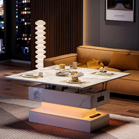 Lift Top  LED Coffee Table with Hidden Storage & Convenient Charging Station for Futuristic Homes