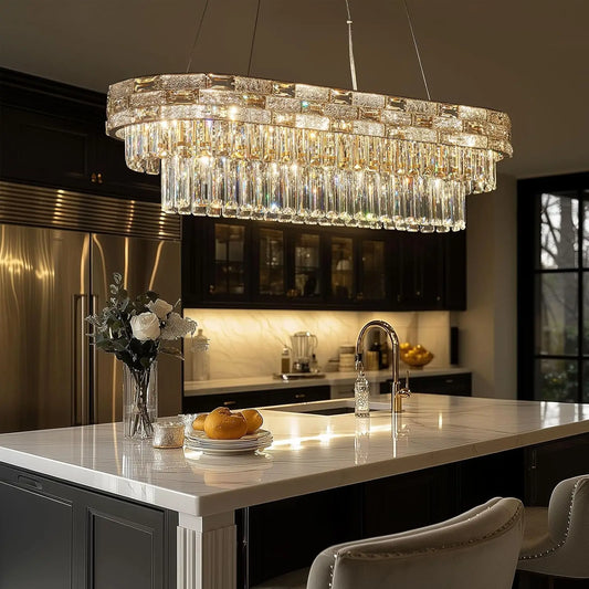 Modern Gold Crystal Chandelier Large LED Pendant Light Perfect for Dining Rooms & Living Spaces