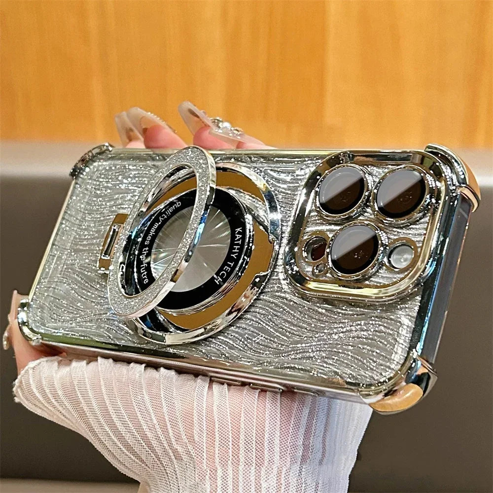 Shine Bright: Glitter Water Ripple MagSafe Case with Holder for iPhone 16 Pro Max to 15