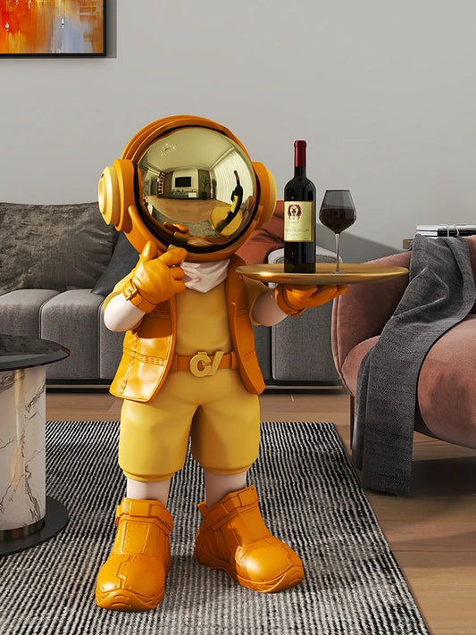 Luminous Astronaut Statue with Tray – Modern Resin Sculpture for Living Room & Floor Décor
