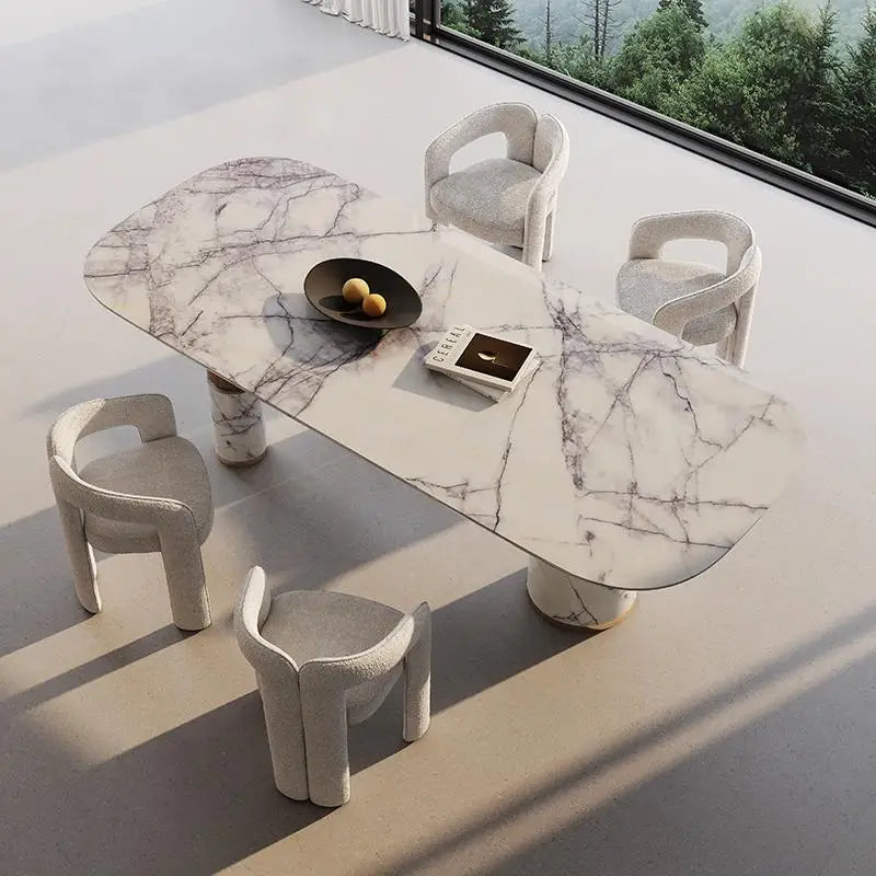 Snow Blossom Marble Dining Table With Dramatic Veins & Walnut Base