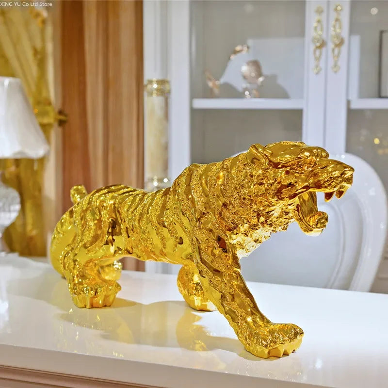 Gilded Elegance: Golden Lucky Tiger Sculpture - A Majestic Resin Craft for Modern Home & Office Decor!