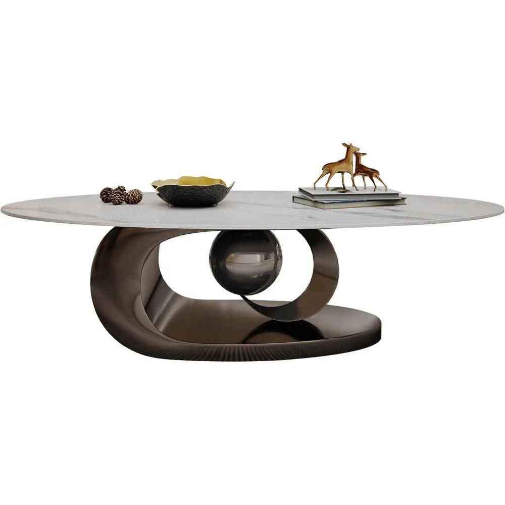Modern Oval Stone Coffee Table Elegant Gray Metal Base Centerpiece for Luxury Living Rooms