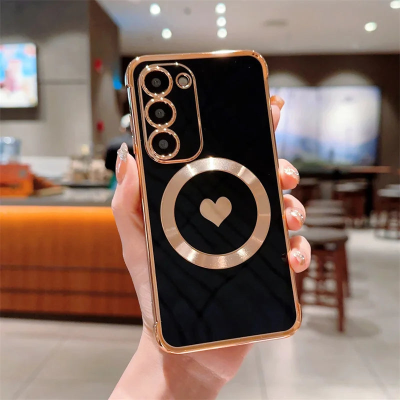 Love Heart Plating Magnetic Phone Case for Samsung Galaxy S24, S23, S22, S21 Ultra & Plus – Shockproof MagSafe Back Cover!
