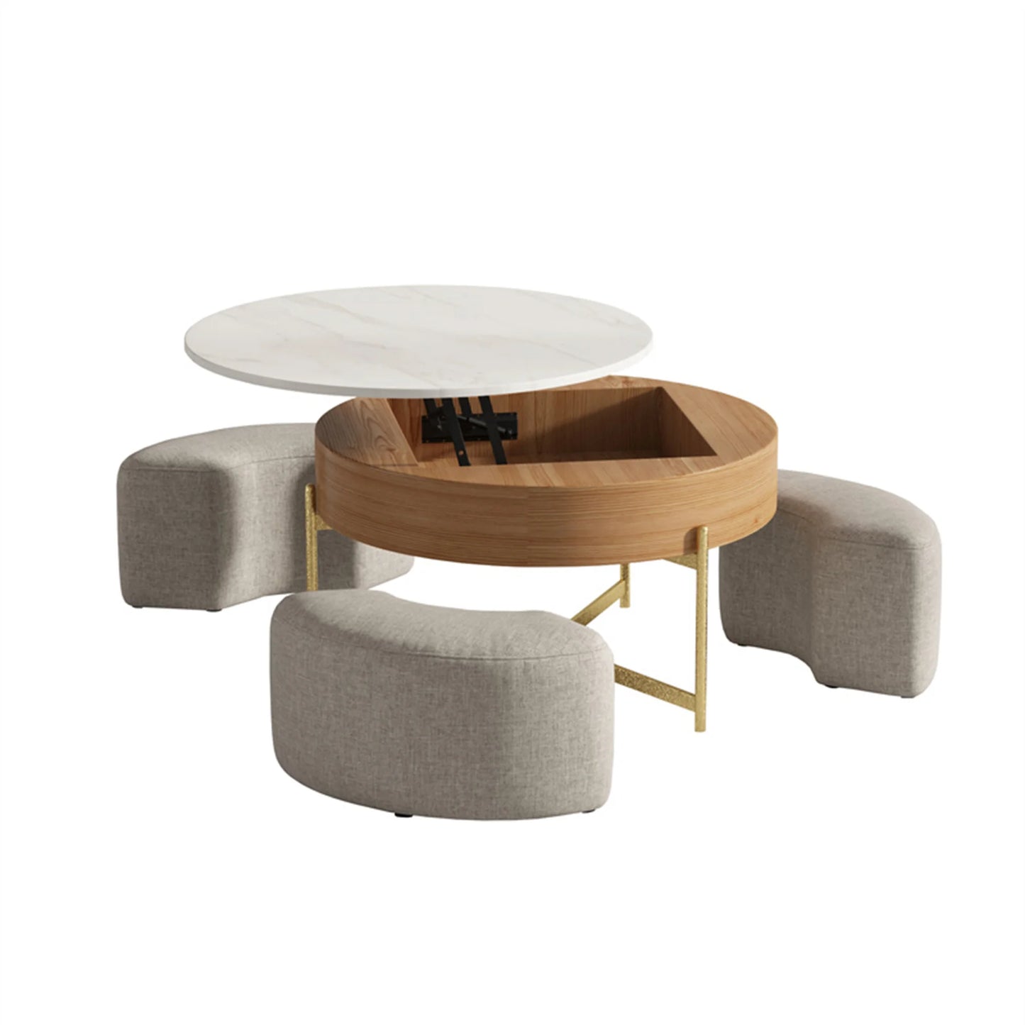 Modern Round Slate Coffee Table with Storage 3 Nesting Stools for Living Room