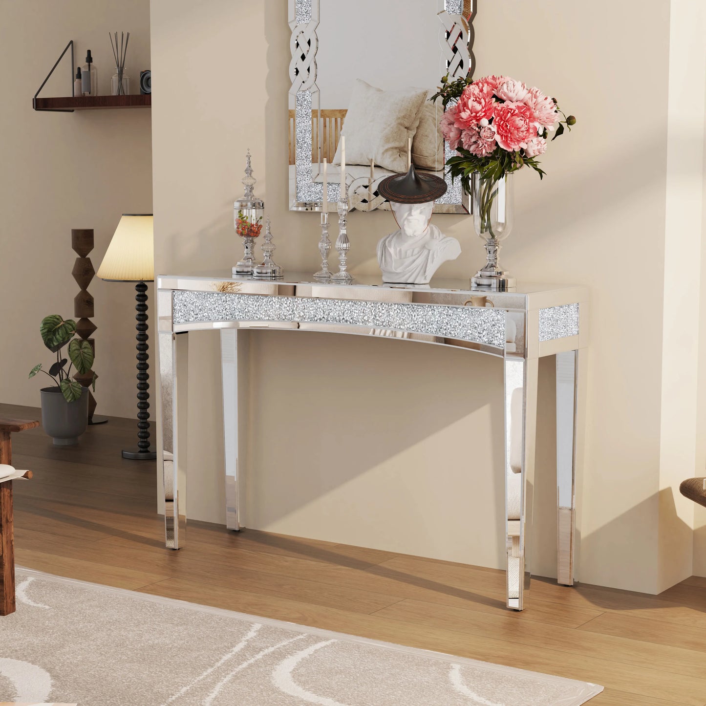 Silver Mirror Sofa Table with Sparkling Crystals