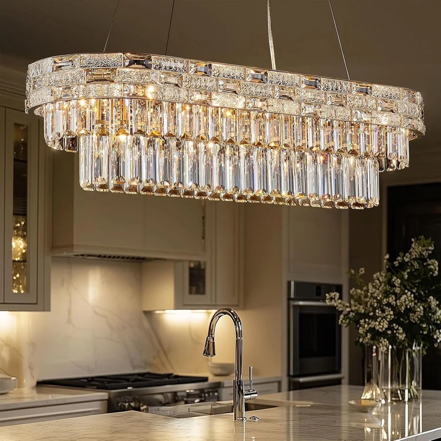 Modern Gold Crystal Chandelier Large LED Pendant Light Perfect for Dining Rooms & Living Spaces