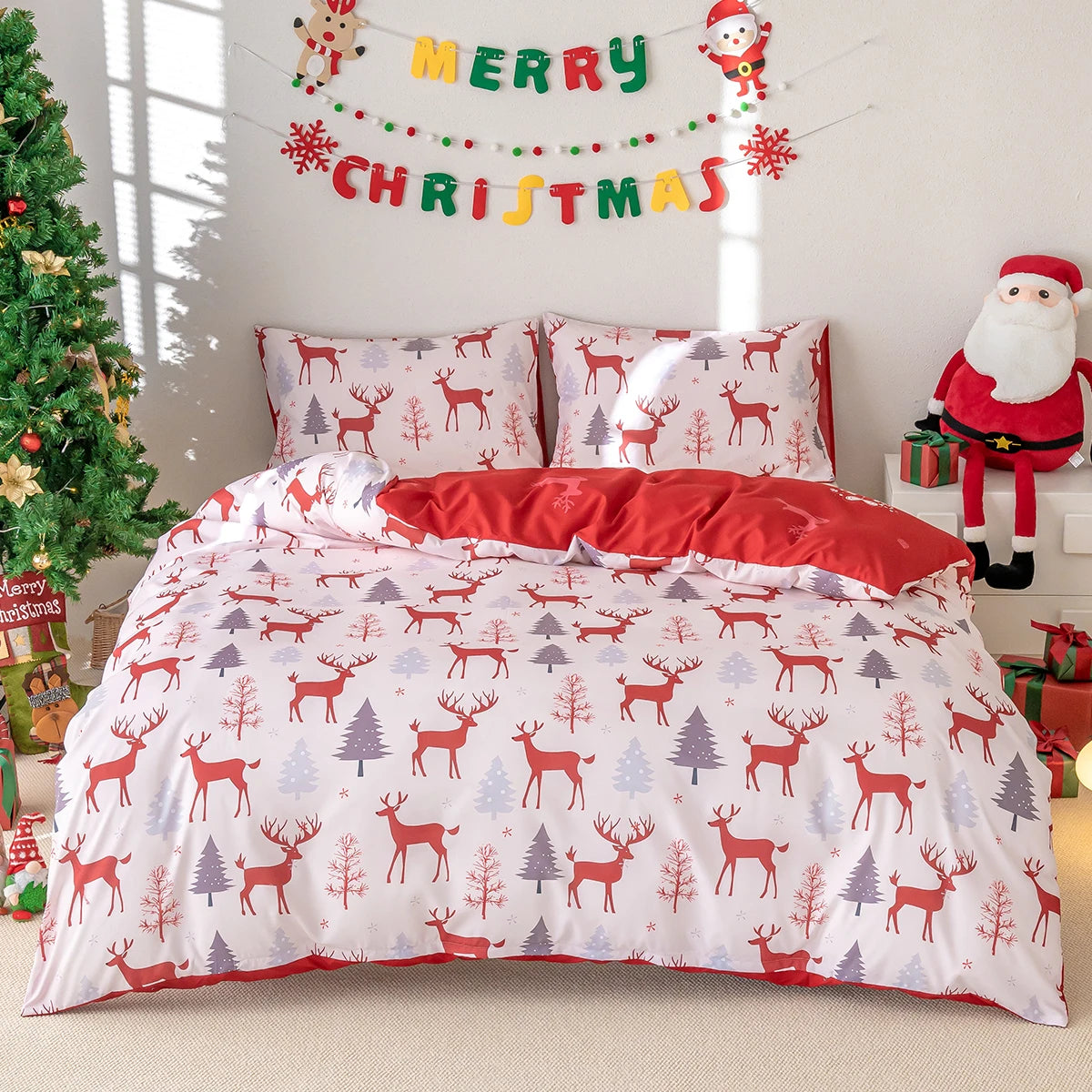 Skin Friendly Christmas Bedding Reindeer & Snowman 3PCS Duvet Cover Set