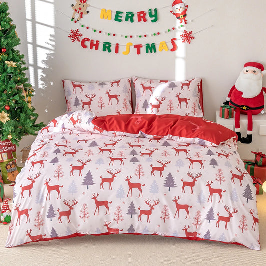 Skin Friendly Christmas Bedding Reindeer & Snowman 3PCS Duvet Cover Set