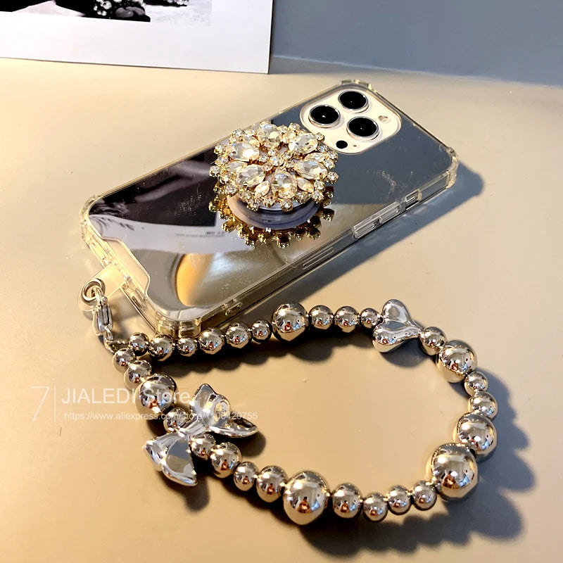 Sparkle and Shine: Shockproof Rhinestone Holder Mirror Case for iPhone 17 Pro Max/16/15/14 Pro