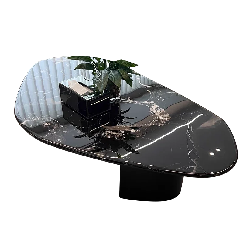 Round Natural Marble Coffee Table With Metal Base & Oval Center for Living Room