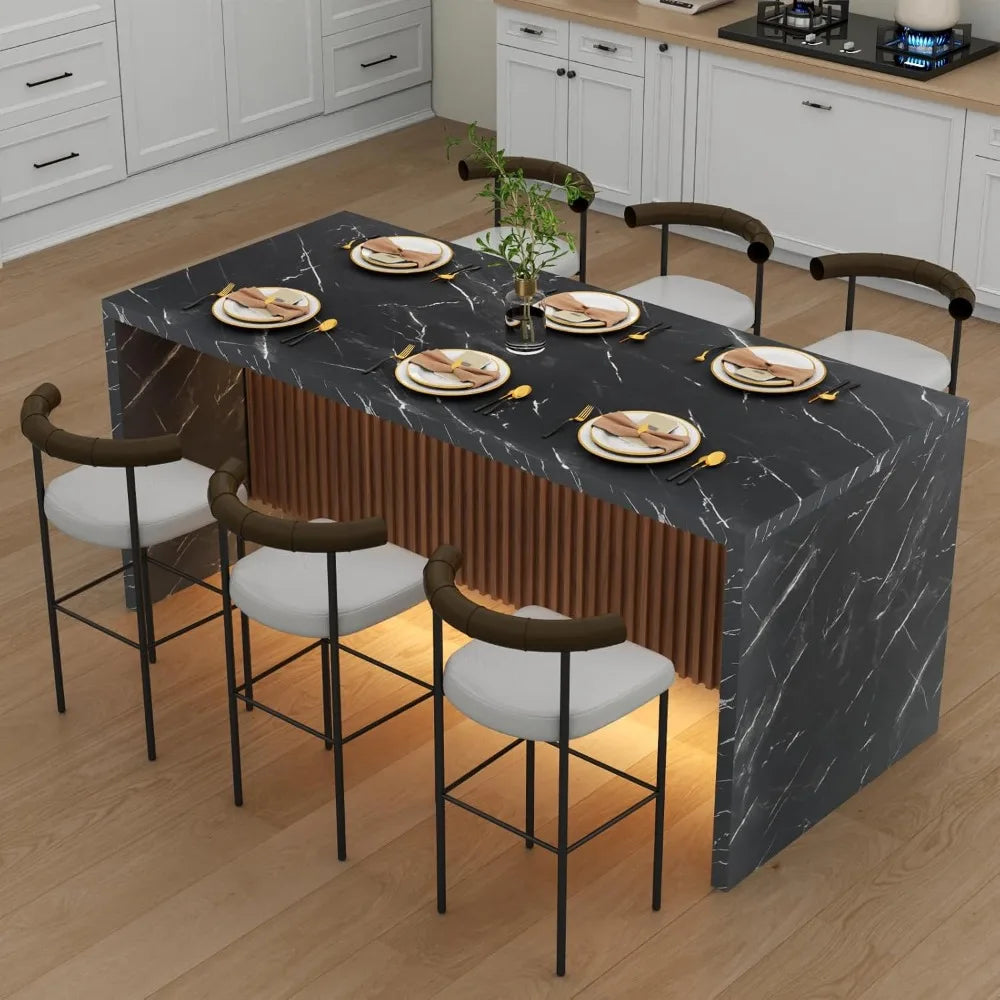 Large Imitation Marble Dining Table With LED Lights Modern Stripe Design for Luxury Kitchens