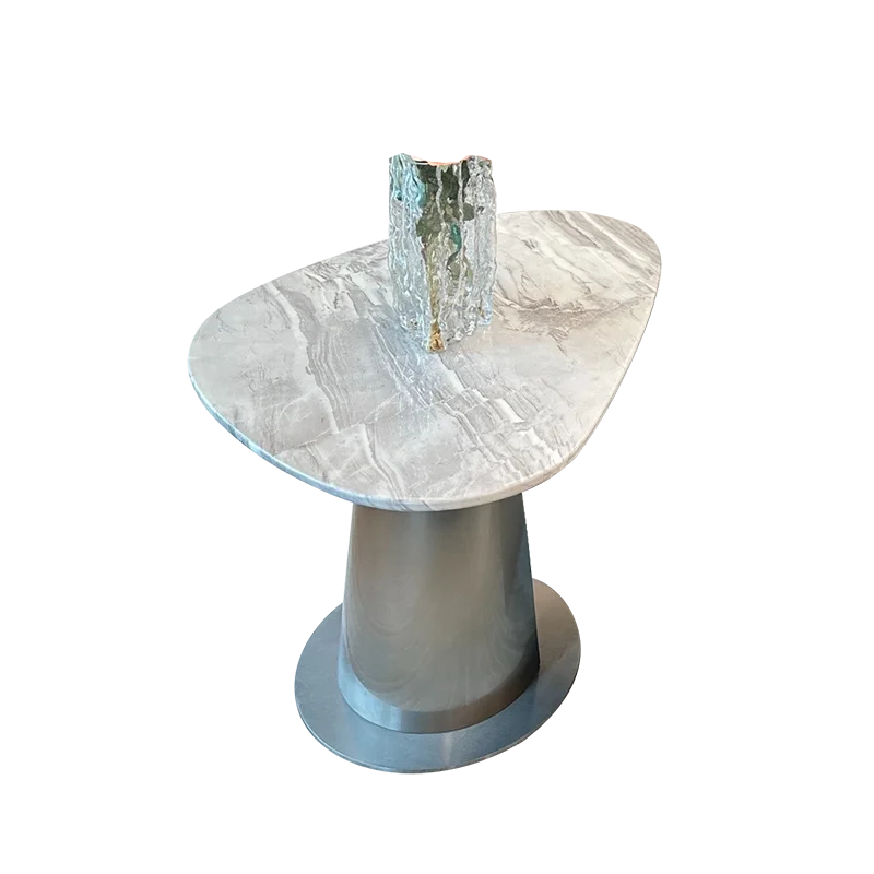 Round Natural Marble Coffee Table With Metal Base & Oval Center for Living Room