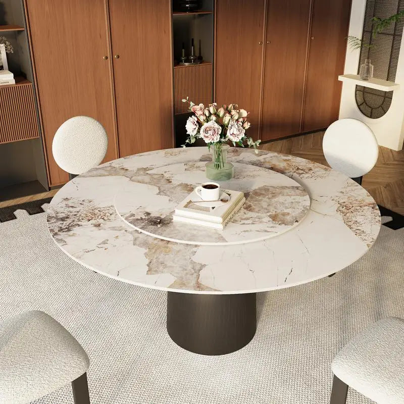 Black Round Dining Table with Sintered Stone Top & Lazy Susan for Living Room