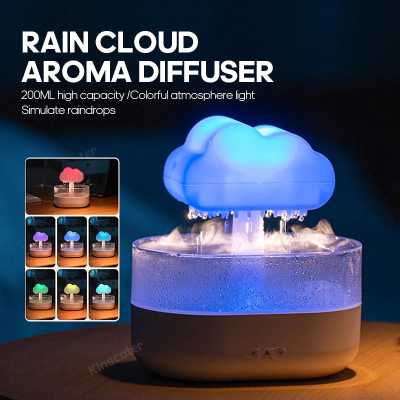 KINSCOTER Rain Clouds Aroma Diffuser: Zen Raindrops Air Humidifier & Essential Oil Sprayer – USB Desktop Ultrasonic Bliss!