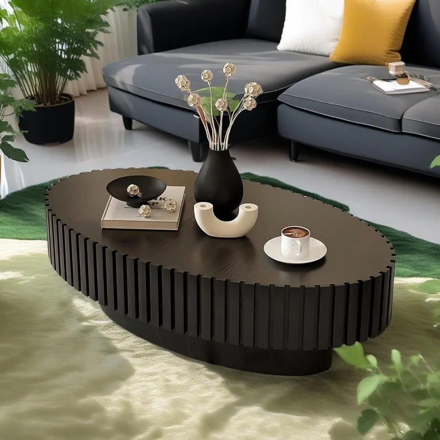 Luxury Oval Coffee Table with Handcrafted Drum Base & Fluted Wood Finish