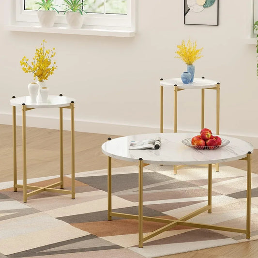 Faux Marble Coffee Table Set of 3 – Stylish White & Gold Tables for Modern Homes