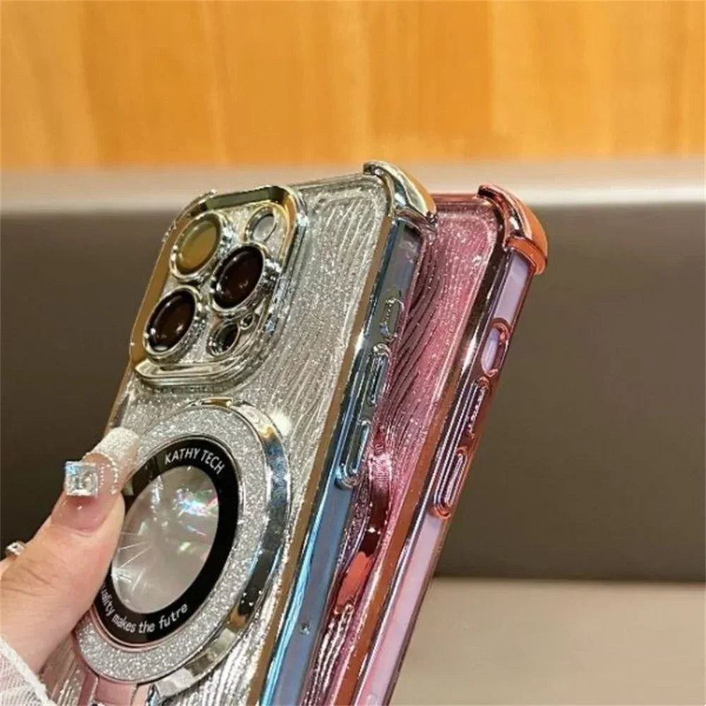 Shine Bright: Glitter Water Ripple MagSafe Case with Holder for iPhone 16 Pro Max to 15