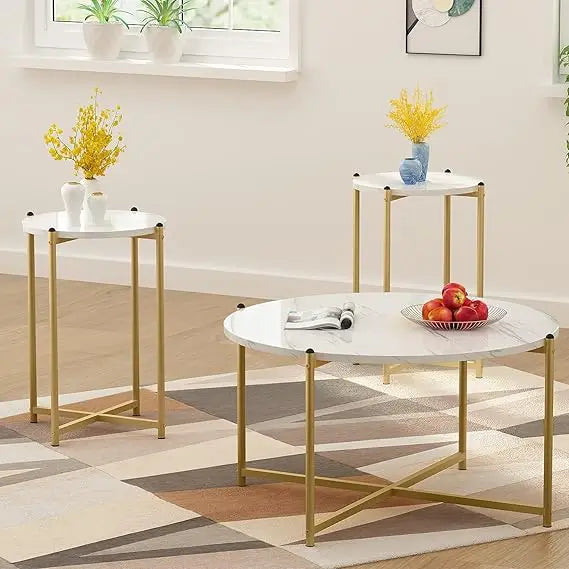Faux Marble Coffee Table Set of 3 – Stylish White & Gold Tables for Modern Homes