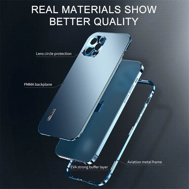 Frosted Luxury Metal Frame Case for iPhone 15, 12, 13, 14 Pro Max with Full Lens Coverage