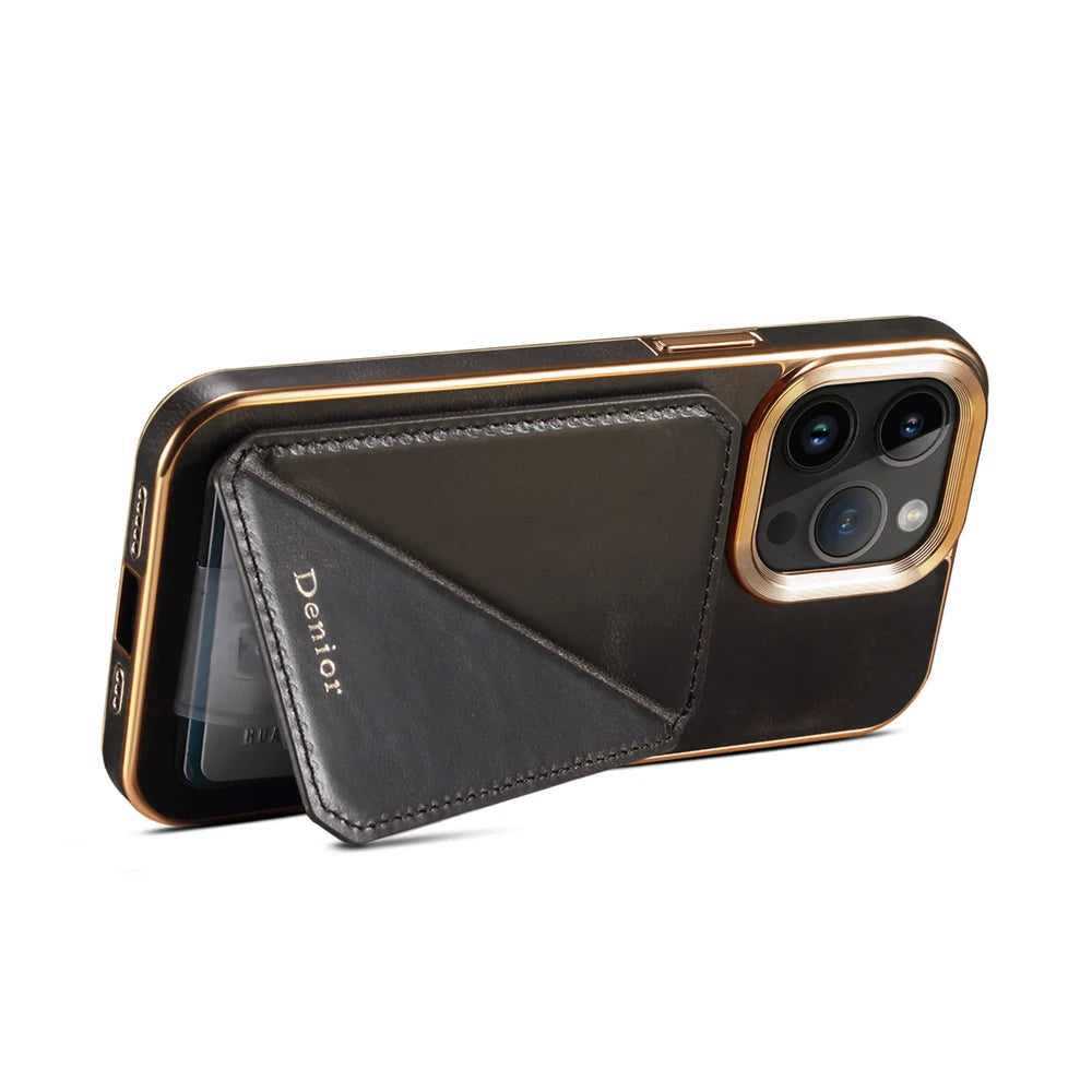 Timeless Vintage Genuine Oil Wax Leather Case: Luxe Card Holder & Stand for iPhone 15 Pro Max, 14, 13, 12 Plus & 15 Pro – Soft Shockproof Elegance!