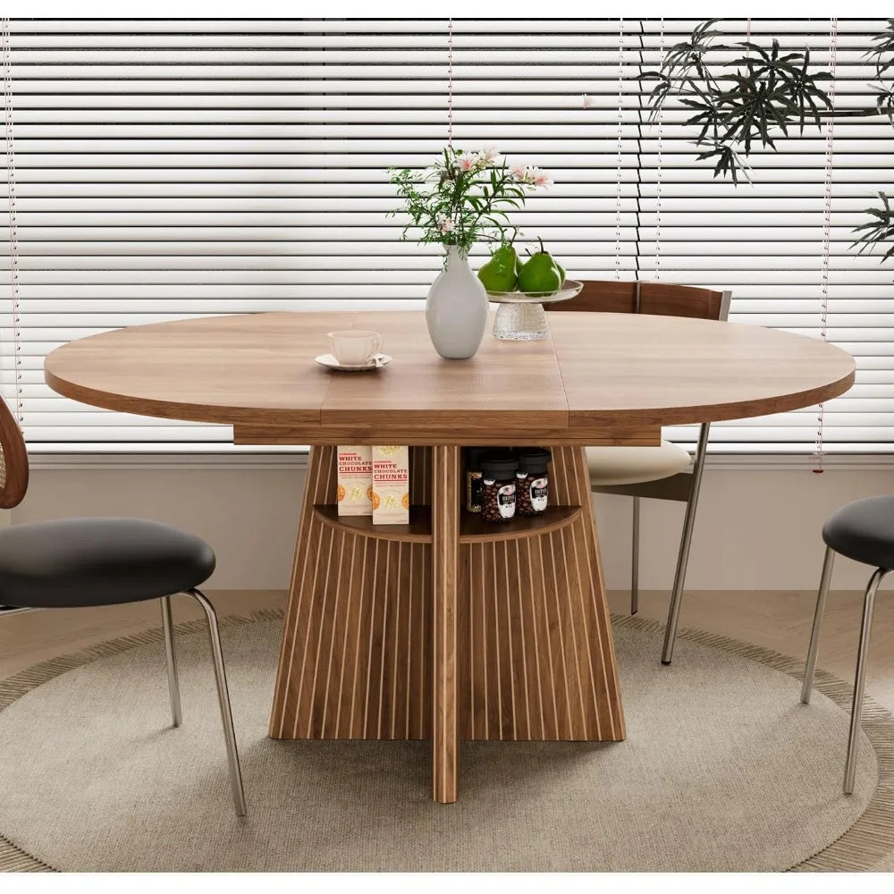 Modern Wooden Expandable Dining Table with Fluted Base Perfect for Family Gatherings & Dinner Parties