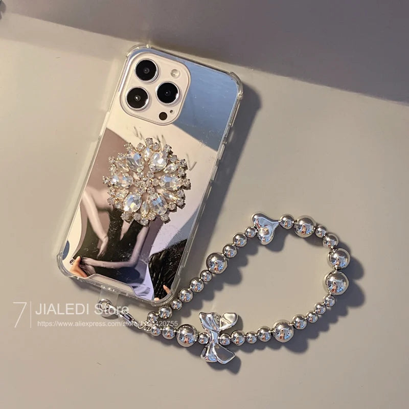 Sparkle and Shine: Shockproof Rhinestone Holder Mirror Case for iPhone 17 Pro Max/16/15/14 Pro