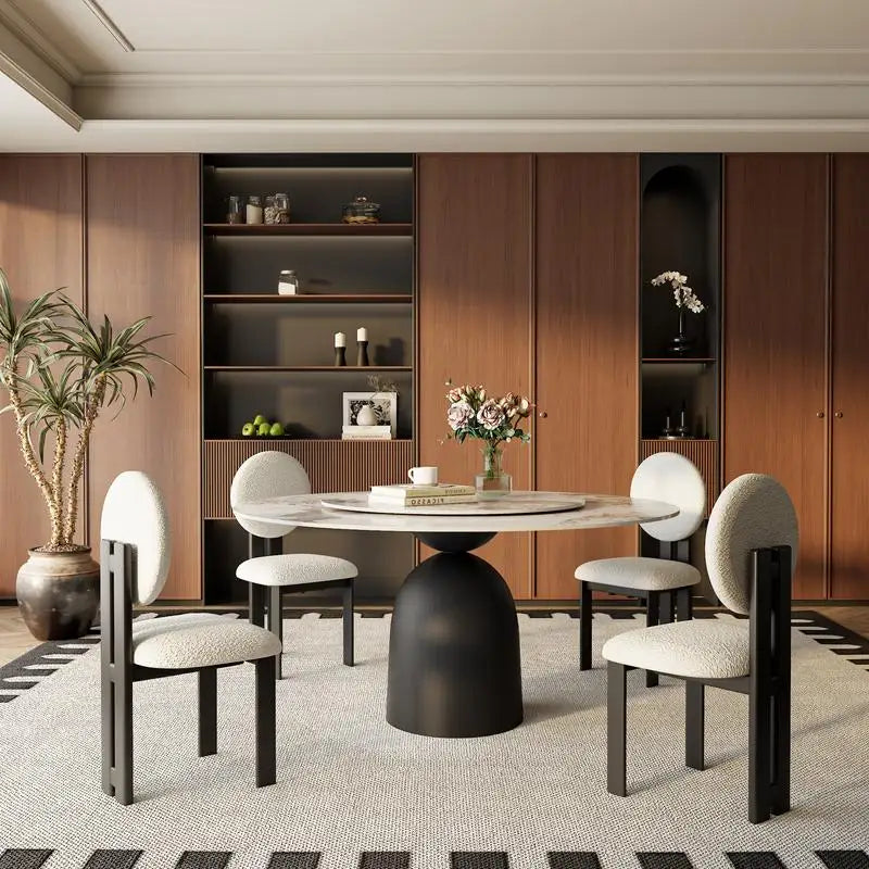 Black Round Dining Table with Sintered Stone Top & Lazy Susan for Living Room