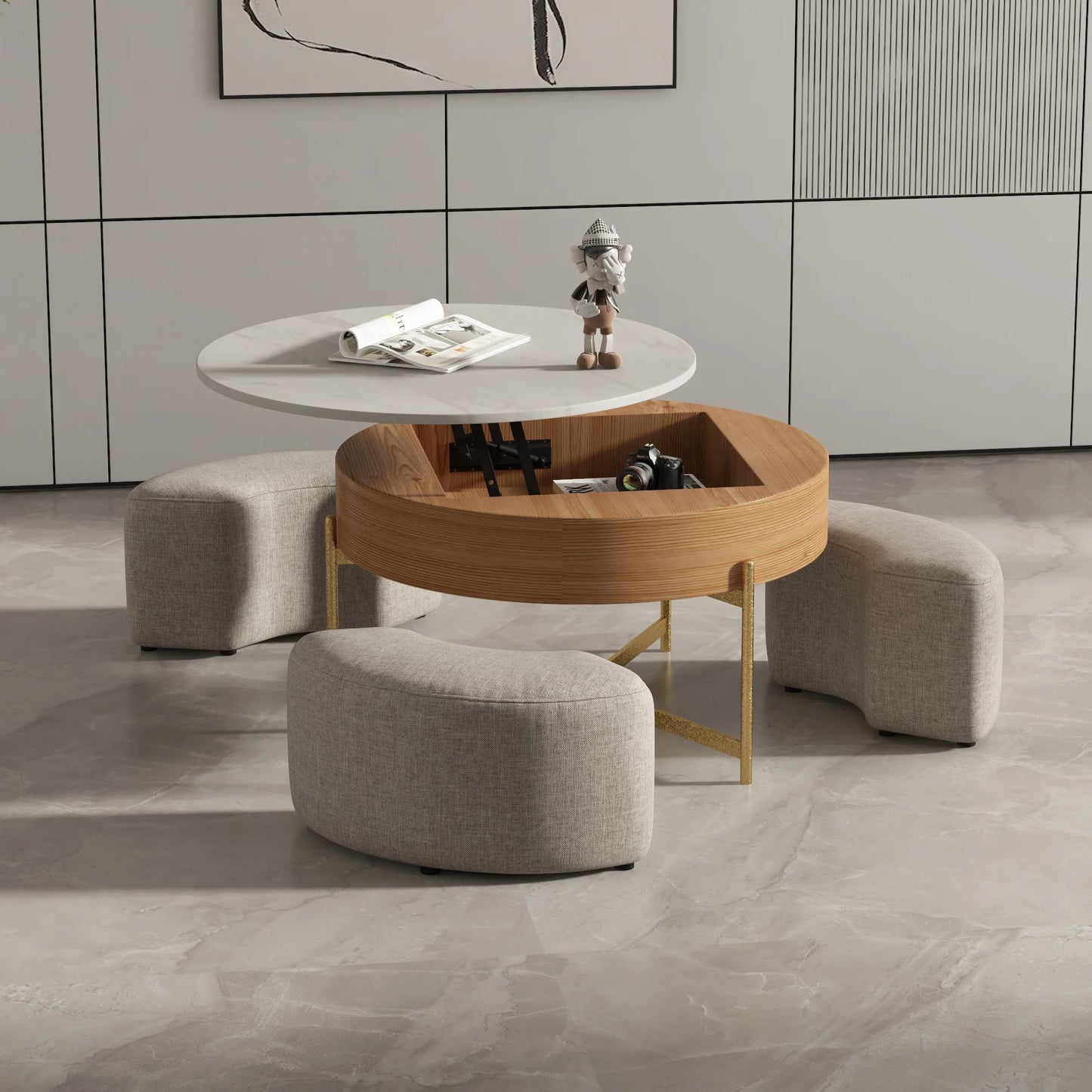 Modern Round Slate Coffee Table with Storage 3 Nesting Stools for Living Room