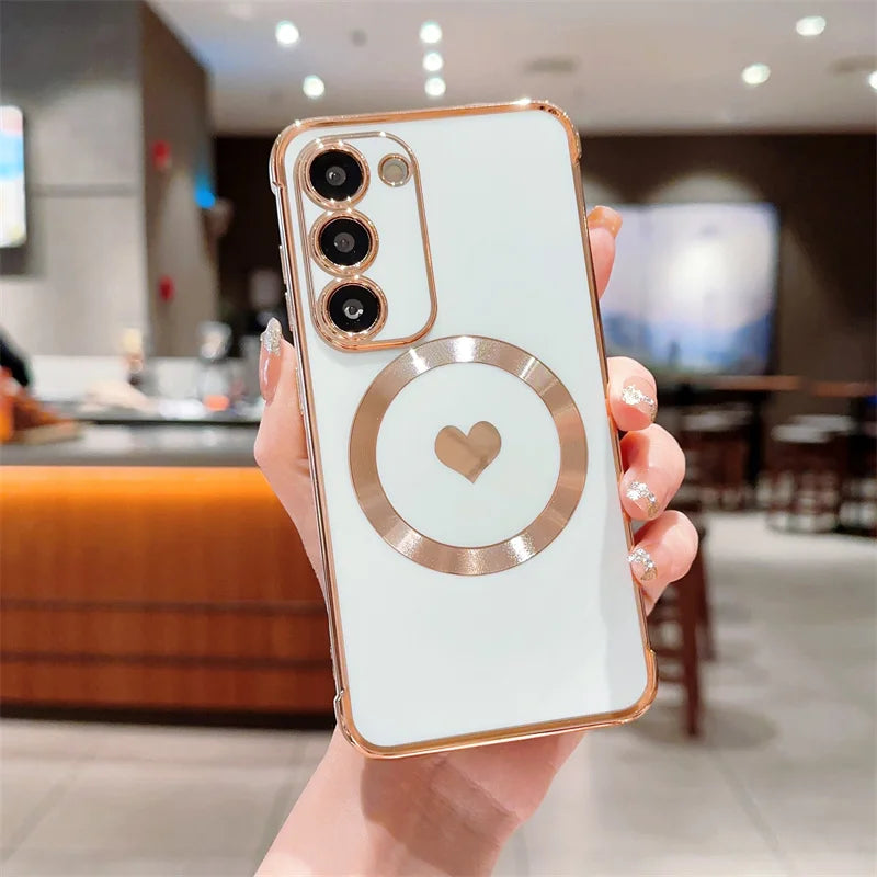 Love Heart Plating Magnetic Phone Case for Samsung Galaxy S24, S23, S22, S21 Ultra & Plus – Shockproof MagSafe Back Cover!