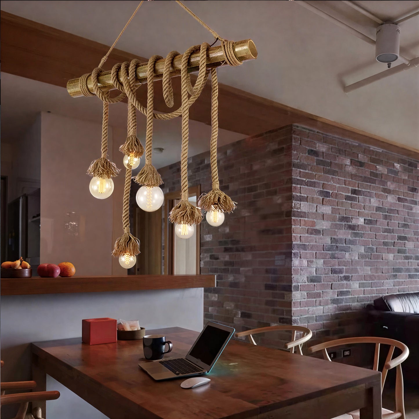 Rope Pendant Light RP0005 Vintage Bamboo Chandelier for Kitchens & Industrial Spaces