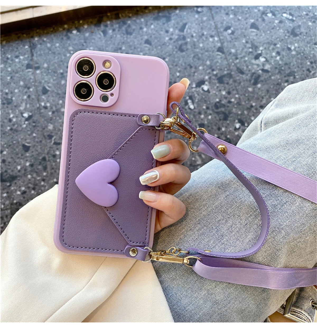 Korean Crossbody Lanyard Necklace Strap Card Holder Case: Stylish Purple Design for iPhone 11, 12, 13, 14 Pro Max & More!
