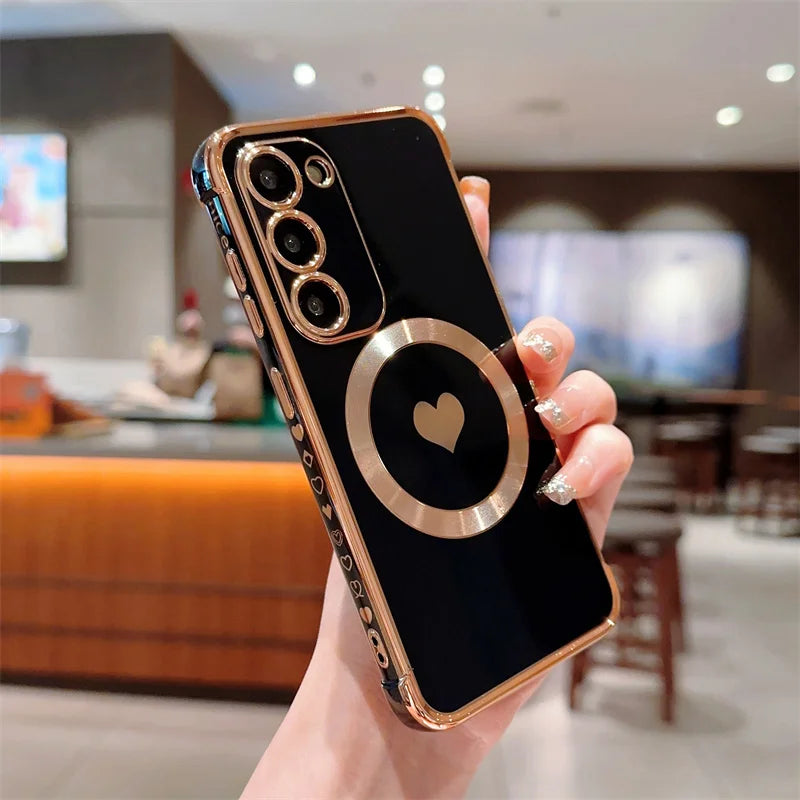 Love Heart Plating Magnetic Phone Case for Samsung Galaxy S24, S23, S22, S21 Ultra & Plus – Shockproof MagSafe Back Cover!