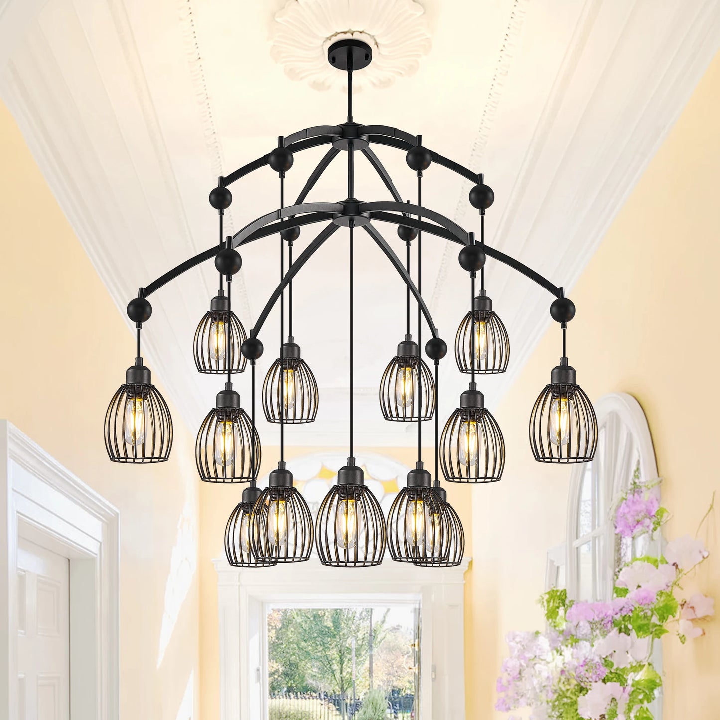 Luxury Farmhouse Pendant Light – Adjustable Black Rope Industrial Chandelier for Home